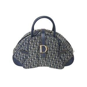 Christian Dior Trotter Double Saddle Bag Navy Blue Canvas Leather
